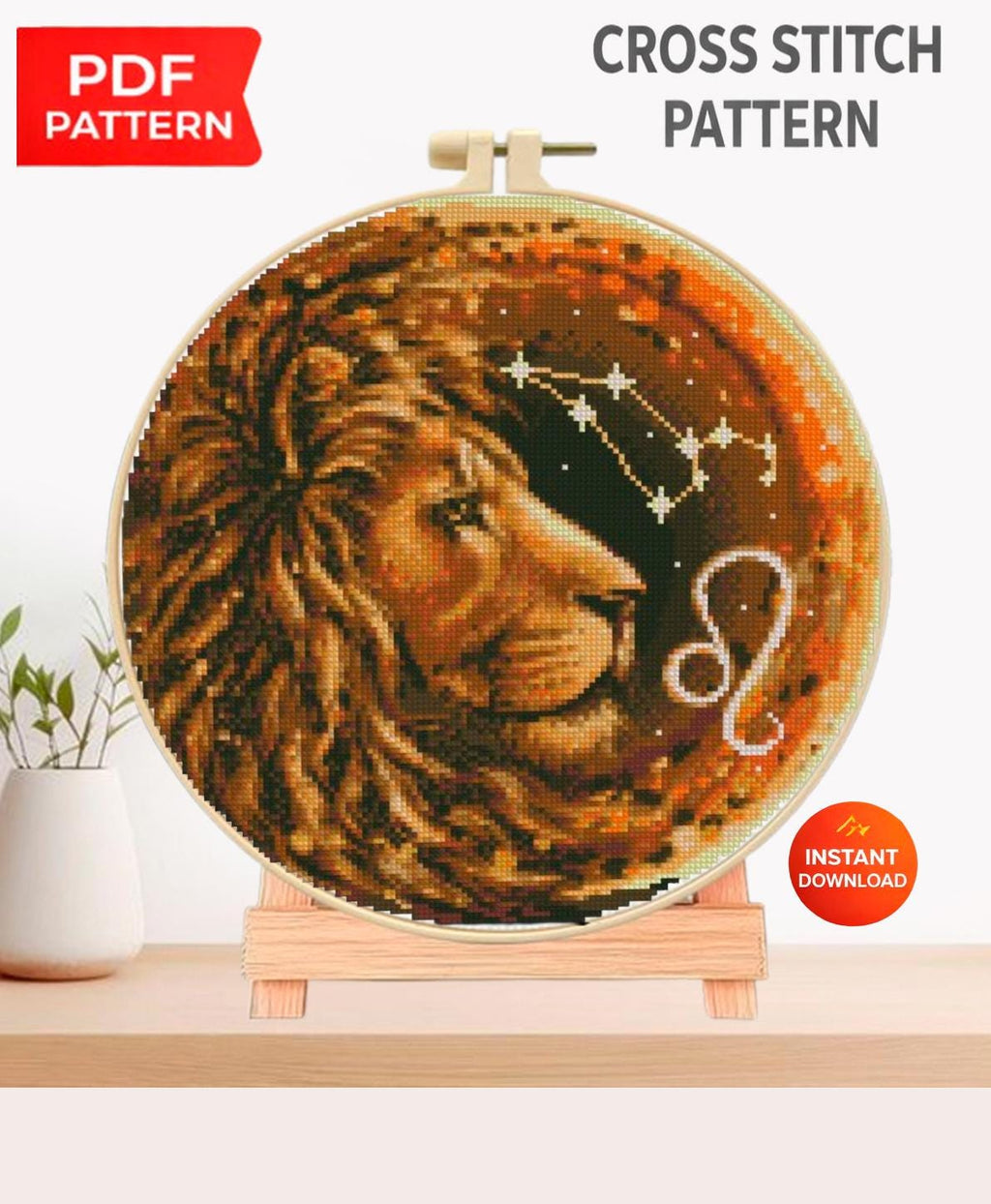 Leo Zodiac Cross Stitch Pattern PDF, Lion Astrology Embroidery Design, Leo Constellation Cross Stitch Chart, Celestial Horoscope Needlework - NuttyHappyHobby