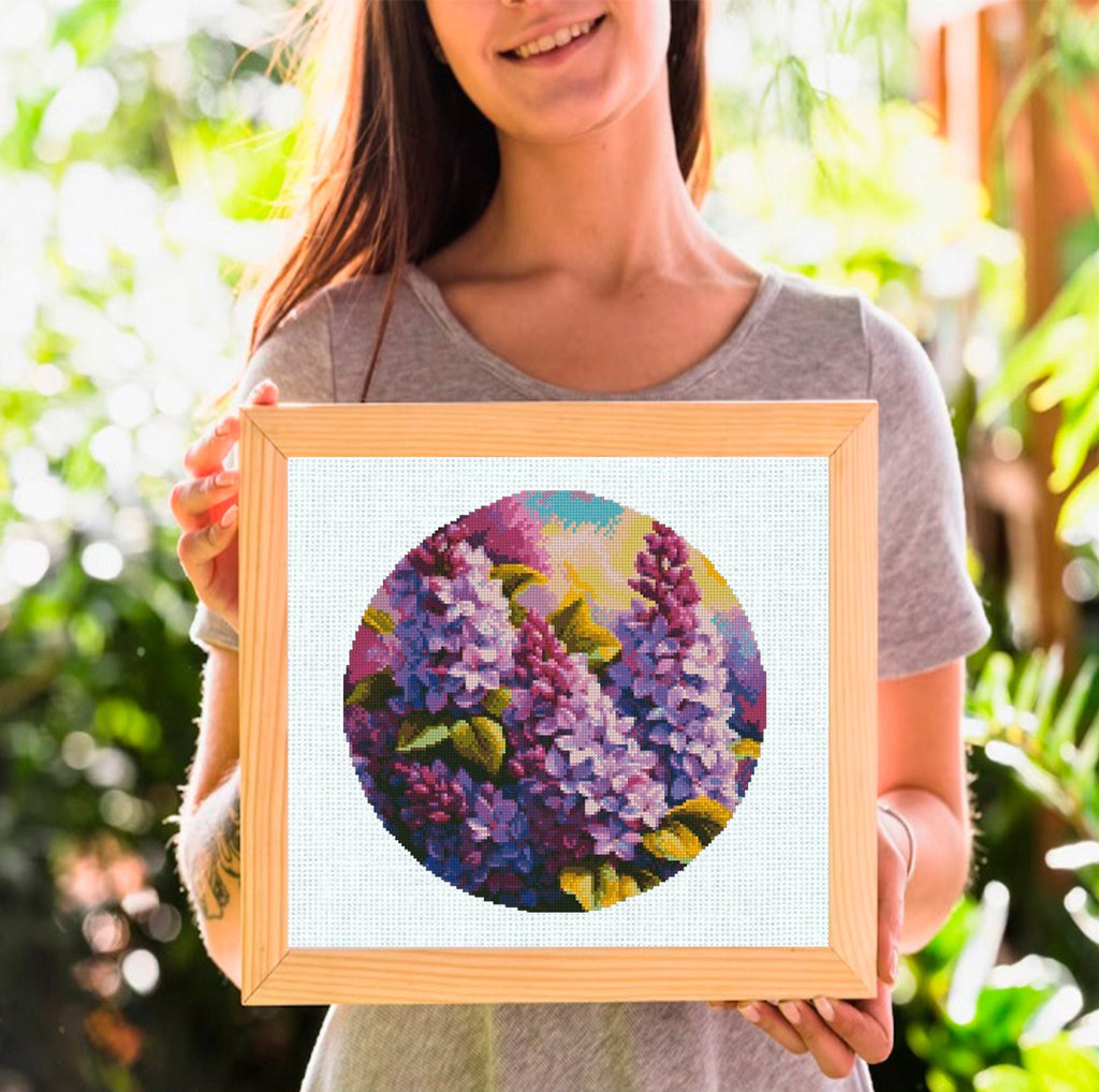 Lilac Flowers Cross Stitch Pattern PDF, Purple Botanical Bouquet Embroidery Chart, Round Hoop Floral Wall Art, Instant Download pdf - NuttyHappyHobby