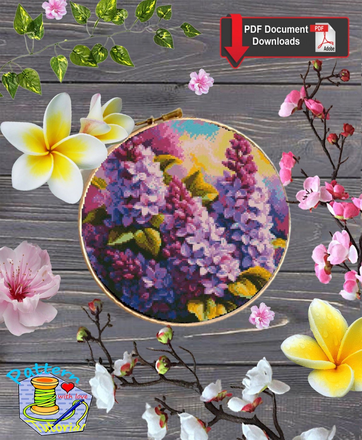 Lilac Flowers Cross Stitch Pattern PDF, Purple Botanical Bouquet Embroidery Chart, Round Hoop Floral Wall Art, Instant Download pdf - NuttyHappyHobby