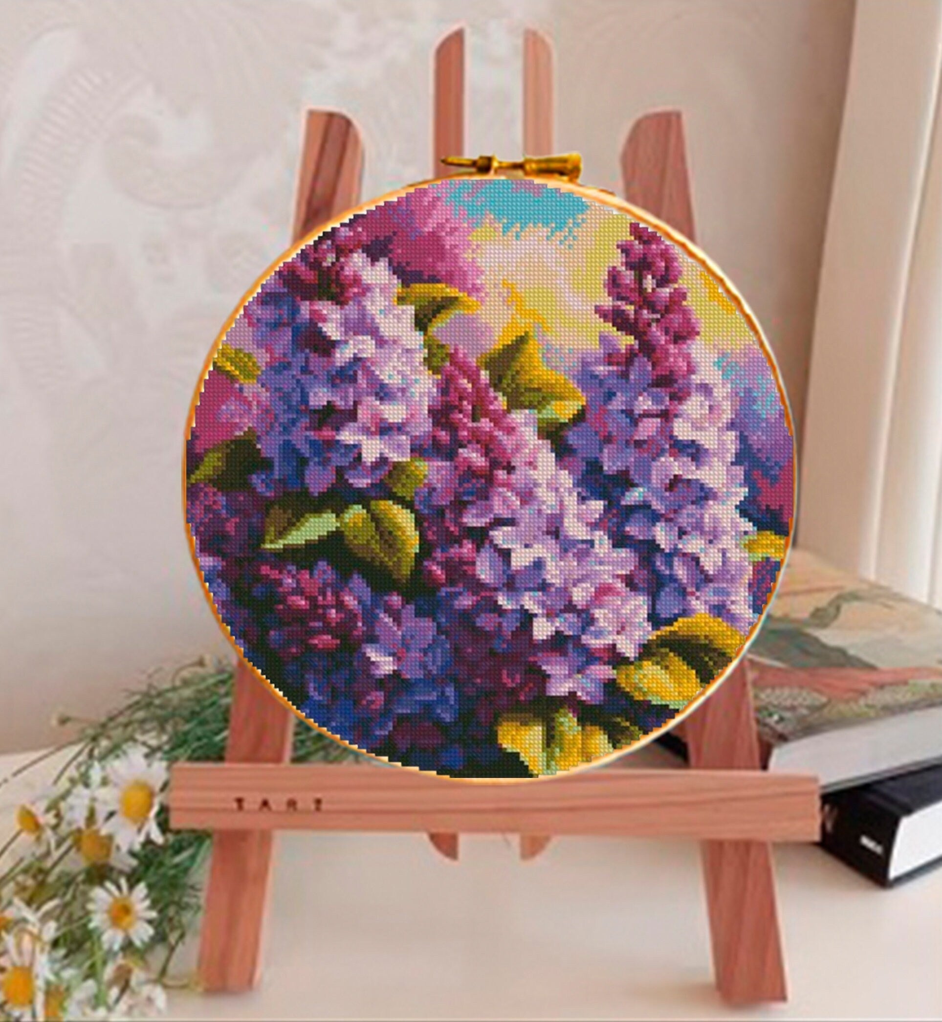 Lilac Flowers Cross Stitch Pattern PDF, Purple Botanical Bouquet Embroidery Chart, Round Hoop Floral Wall Art, Instant Download pdf - NuttyHappyHobby