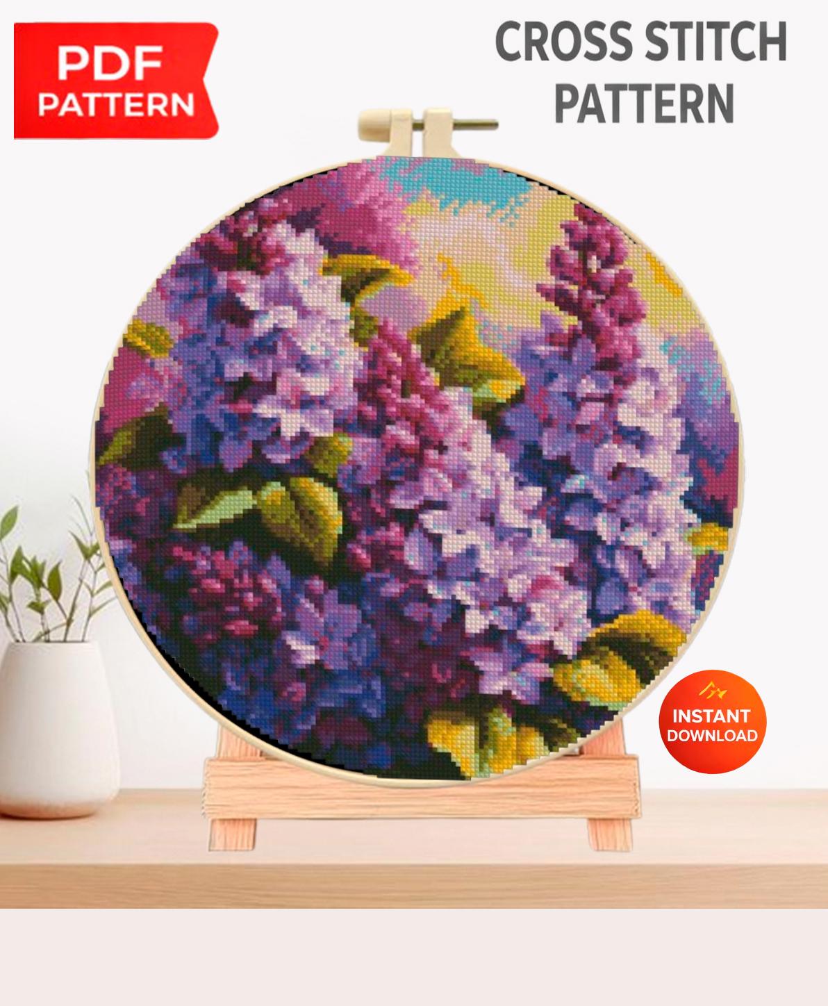 Lilac Flowers Cross Stitch Pattern PDF, Purple Botanical Bouquet Embroidery Chart, Round Hoop Floral Wall Art, Instant Download pdf - NuttyHappyHobby