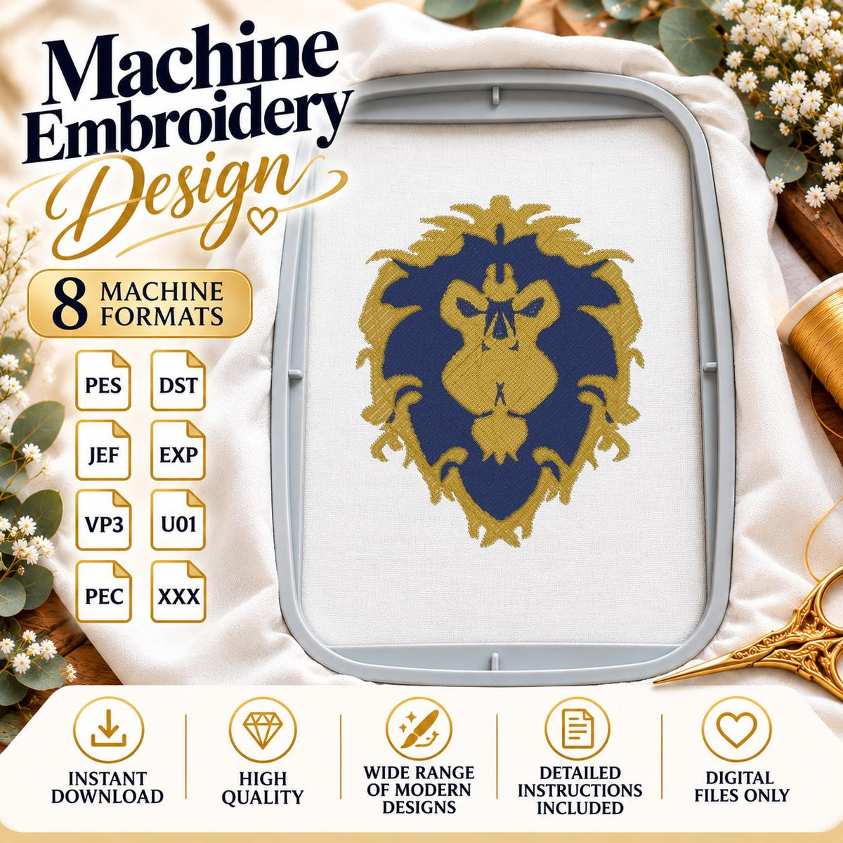 Lion Head Machine Embroidery Design, Blue and Gold Heraldic Lion Crest, Digital Embroidery File, 8 Machine Formats - NuttyHappyHobby