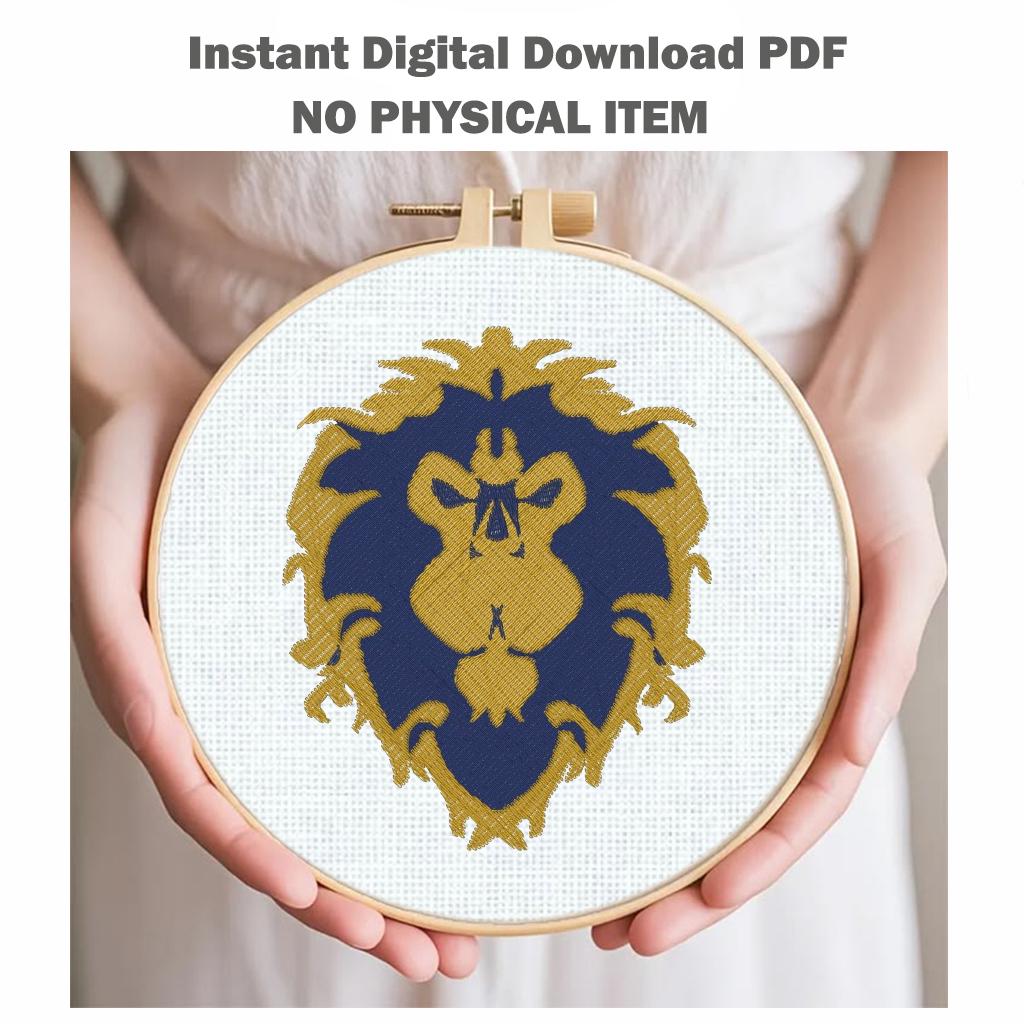 Lion Head Machine Embroidery Design, Blue and Gold Heraldic Lion Crest, Digital Embroidery File, 8 Machine Formats - NuttyHappyHobby