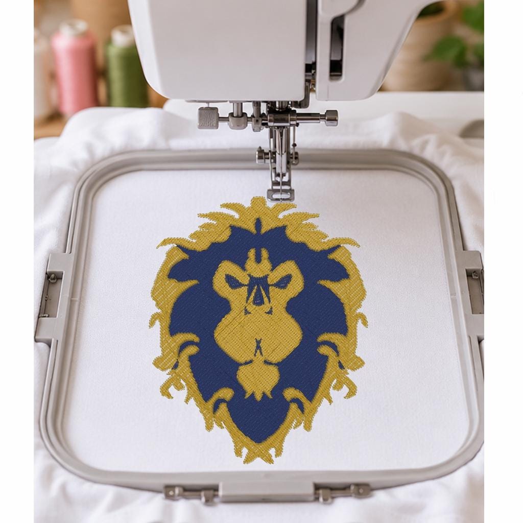 Lion Head Machine Embroidery Design, Blue and Gold Heraldic Lion Crest, Digital Embroidery File, 8 Machine Formats - NuttyHappyHobby
