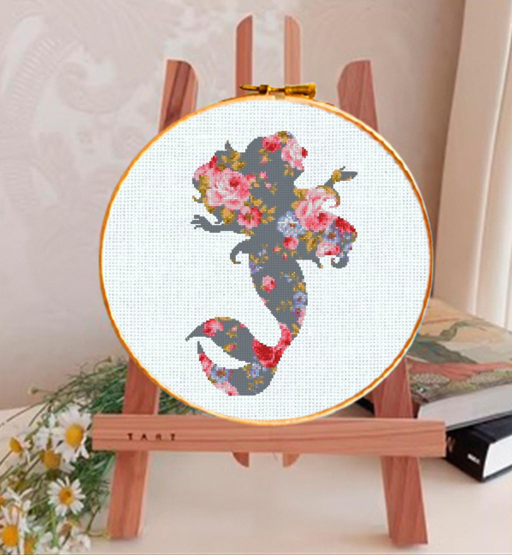 Little Mermaid Floral Cross Stitch Pattern PDF, Mermaid Silhouette Embroidery Design, Ariel Inspired Flower Mermaid Needlework,Fantasy Ocean - NuttyHappyHobby
