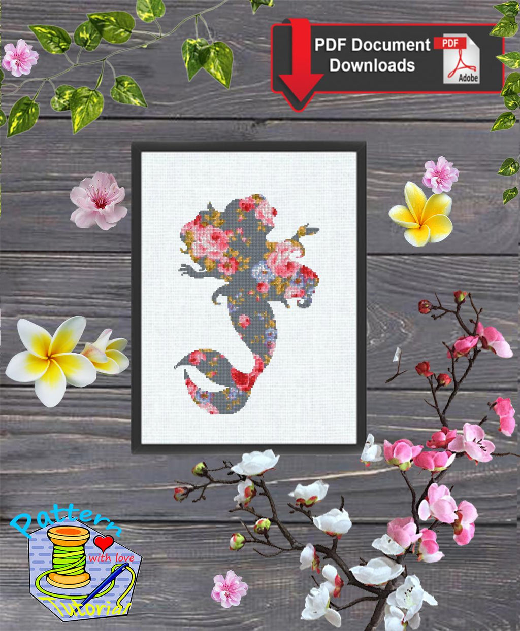 Little Mermaid Floral Cross Stitch Pattern PDF, Mermaid Silhouette Embroidery Design, Ariel Inspired Flower Mermaid Needlework,Fantasy Ocean - NuttyHappyHobby