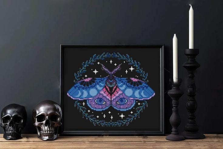 Luna Moth Cross Stitch Pattern PDF, Gothic Moth Embroidery Design, Witchy Celestial Cross Stitch, Dark Academia Decor, Instant Download pdf - NuttyHappyHobby