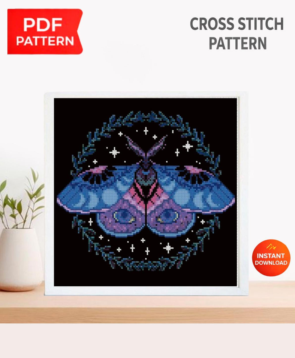 Luna Moth Cross Stitch Pattern PDF, Gothic Moth Embroidery Design, Witchy Celestial Cross Stitch, Dark Academia Decor, Instant Download pdf - NuttyHappyHobby