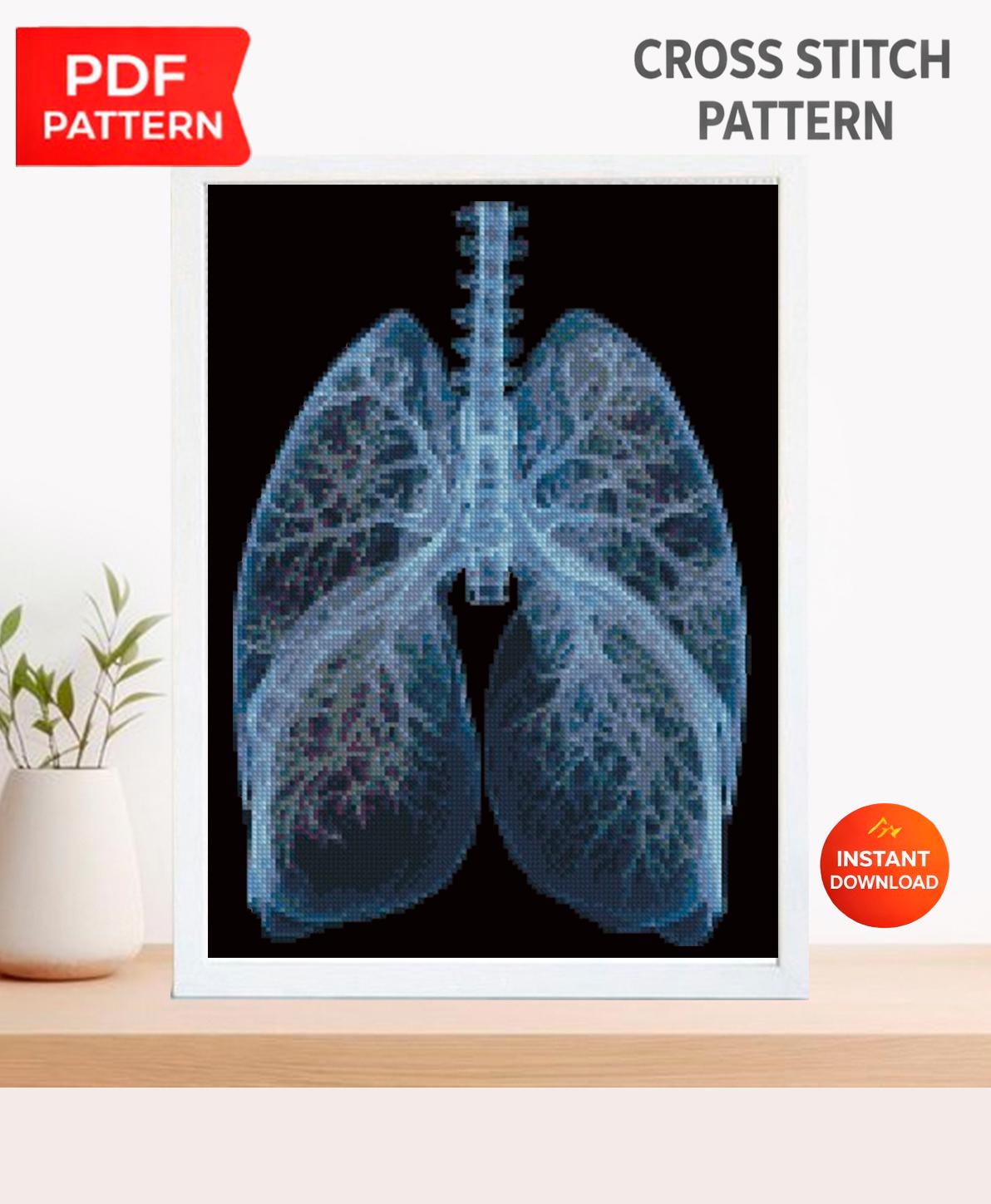 Lungs Cross Stitch Pattern PDF, Human Anatomy Embroidery, Medical Cross Stitch Pattern, Gothic Anatomy Art, Dark Academia Decor Download - NuttyHappyHobby