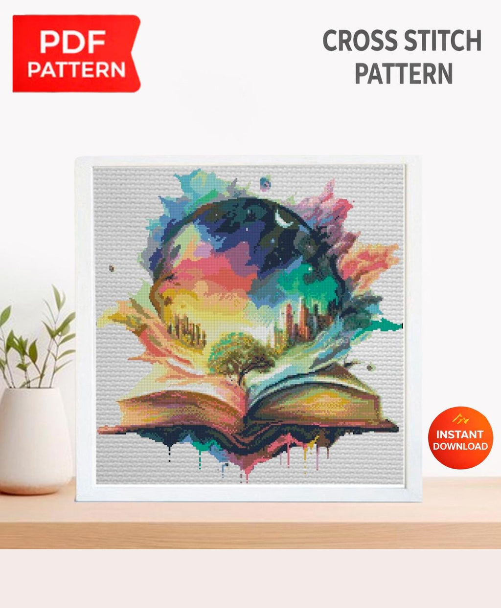 Magic Book Cross Stitch Pattern PDF, Fantasy Book Embroidery Design, Magical Story Cross Stitch, Fantasy Art Cross Stitch Digital Download - NuttyHappyHobby