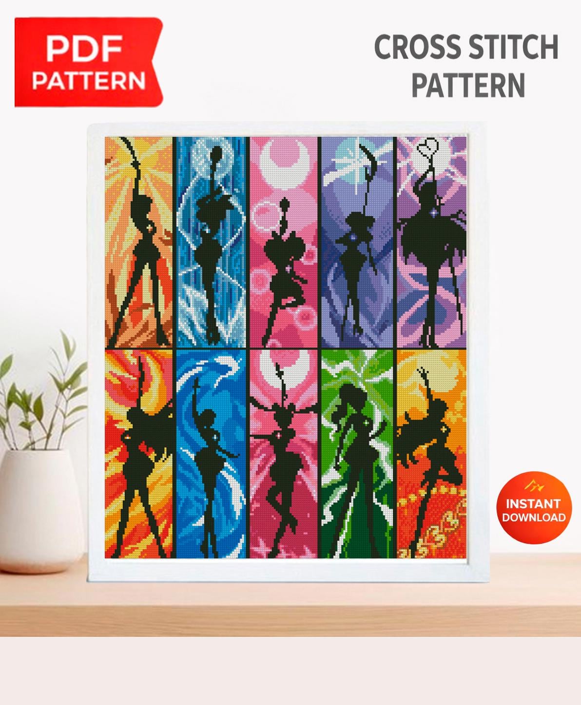Magical Girl Silhouette Cross Stitch Pattern PDF, Anime Inspired Heroine Set, Colorful Fantasy Warrior Embroidery Design, 90s cartoons - NuttyHappyHobby