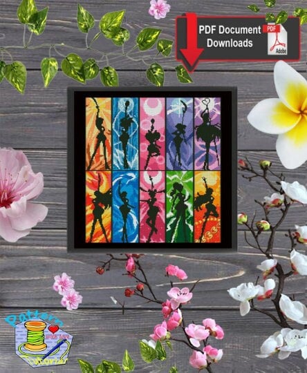 Magical Girl Silhouette Cross Stitch Pattern PDF, Anime Inspired Heroine Set, Colorful Fantasy Warrior Embroidery Design, 90s cartoons - NuttyHappyHobby