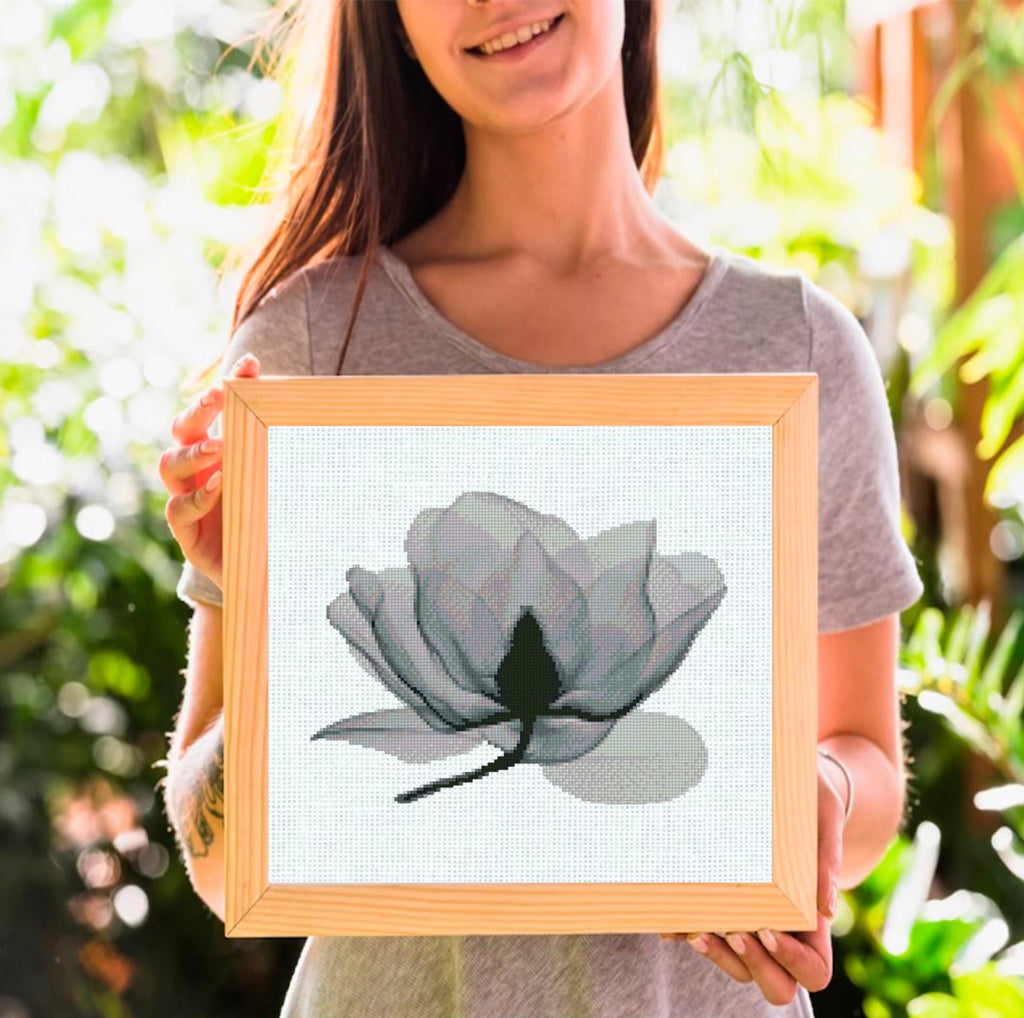 Magnolia Flower Cross Stitch Pattern PDF, Botanical Magnolia Embroidery Chart, Modern Floral Hoop Wall Art, X - Ray Style Flower, Download - NuttyHappyHobby