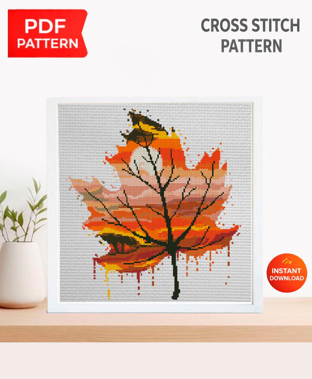 Maple Leaf Cross Stitch Pattern PDF, Autumn Maple Leaf Embroidery Design, Fall Nature Cross Stitch, Modern Botanical Cross Stitch Download - NuttyHappyHobby