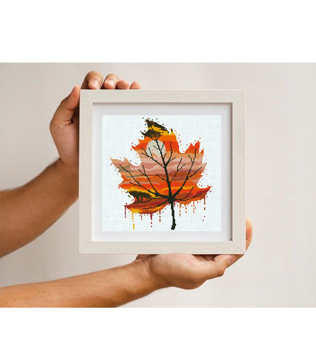 Maple Leaf Cross Stitch Pattern PDF, Autumn Maple Leaf Embroidery Design, Fall Nature Cross Stitch, Modern Botanical Cross Stitch Download - NuttyHappyHobby