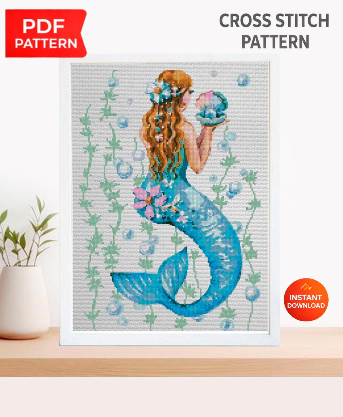 Mermaid Cross Stitch Pattern PDF, Ocean Mermaid Embroidery Design, Fantasy Sea Cross Stitch, Beautiful Mermaid Silhouette Pattern Download - NuttyHappyHobby