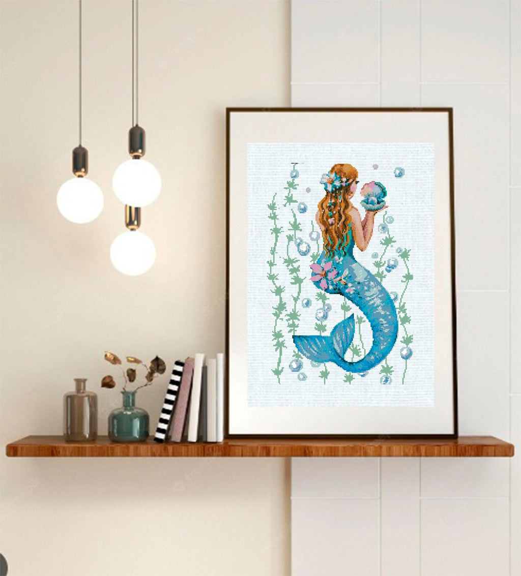 Mermaid Cross Stitch Pattern PDF, Ocean Mermaid Embroidery Design, Fantasy Sea Cross Stitch, Beautiful Mermaid Silhouette Pattern Download - NuttyHappyHobby