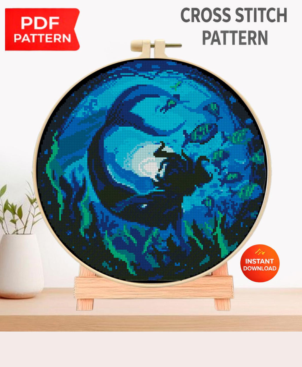 Mermaid Cross Stitch Pattern PDF, Underwater Ocean Fantasy Embroidery Design, Mermaid Silhouette Cross Stitch Digital Download pdf - NuttyHappyHobby