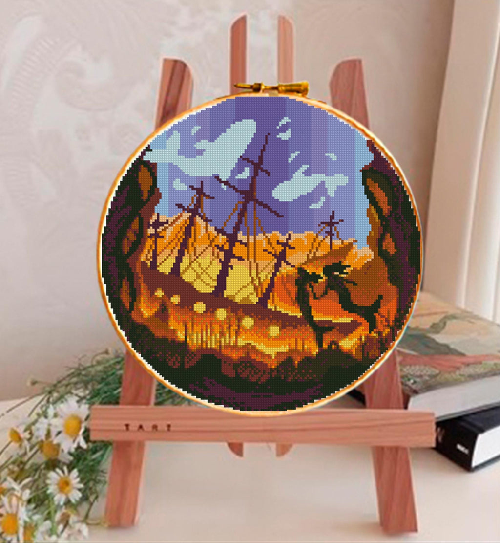 Mermaid, Pirate Ship Cross Stitch Pattern PDF, Sailing Ship Embroidery Design, Pirate Ocean Cross Stitch, Nautical Cross Stitch Download - NuttyHappyHobby