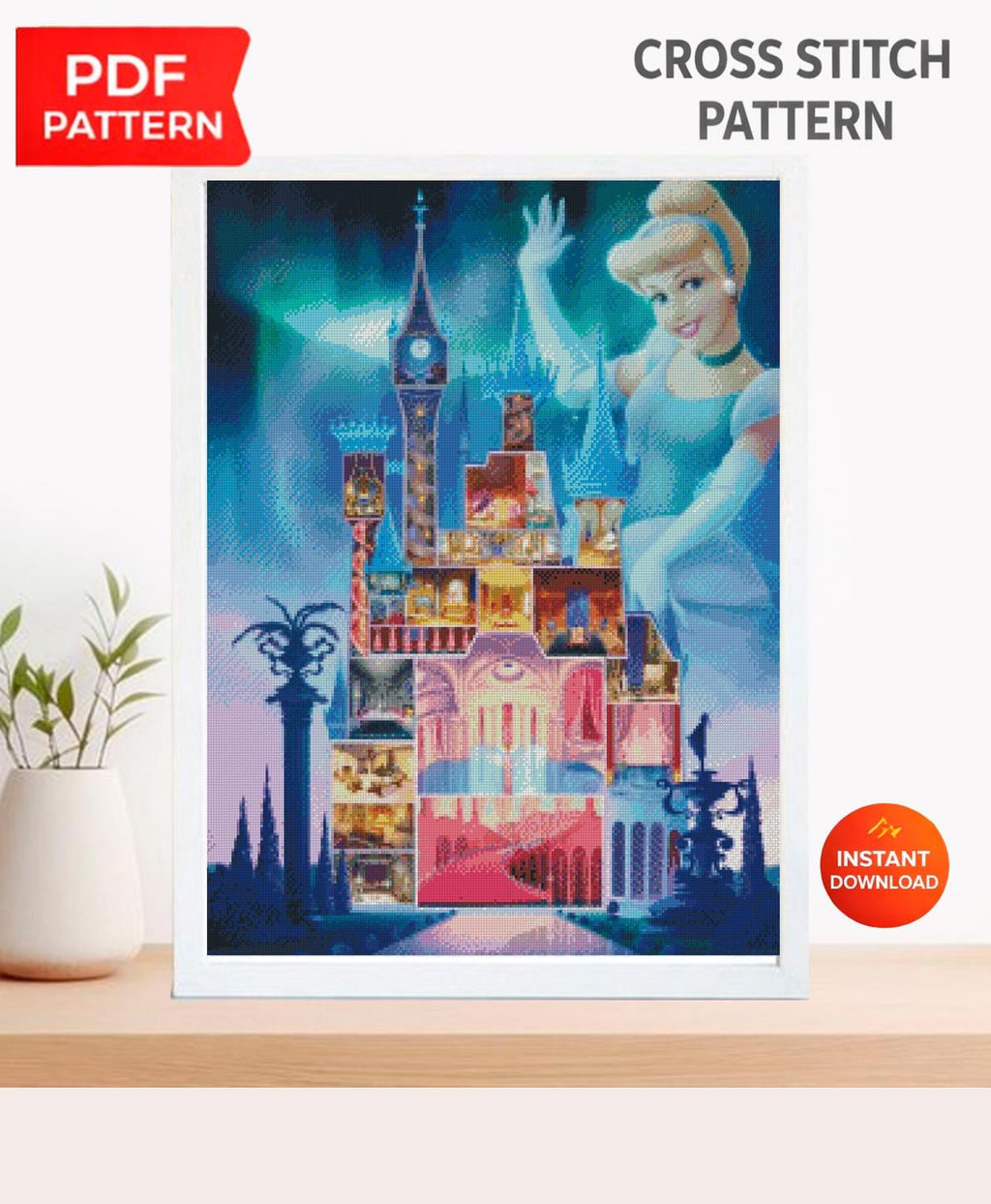 Midnight Castle Princess Cross Stitch Pattern PDF, Fairytale Glass Slipper Princess Embroidery Design, Fantasy Storybook Needlework, 90s - NuttyHappyHobby