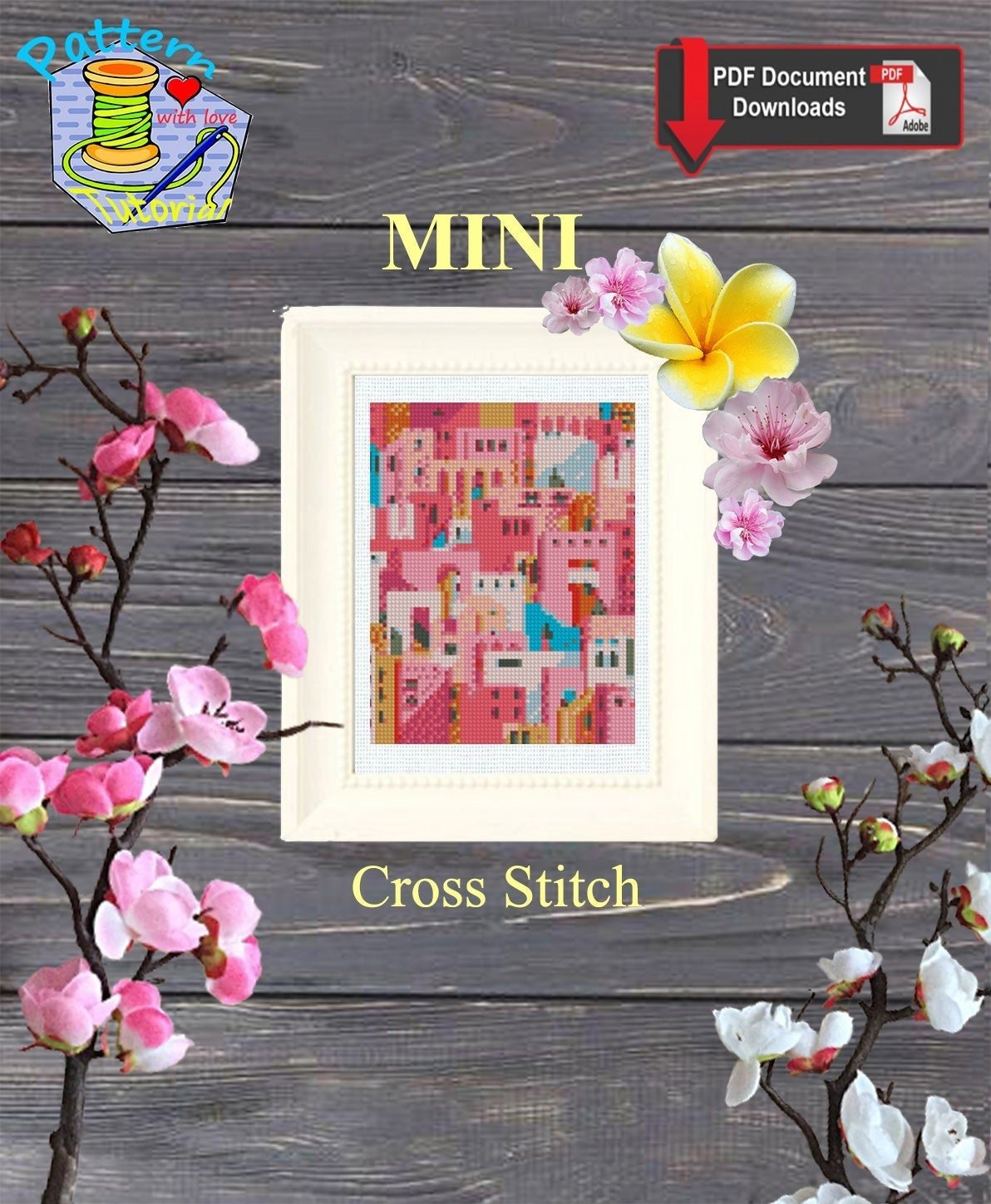 Mini Colorful City Cross Stitch Pattern PDF, Cute Pink Houses Town Embroidery Design, Small City Landscape Cross Stitch Digital Download - NuttyHappyHobby