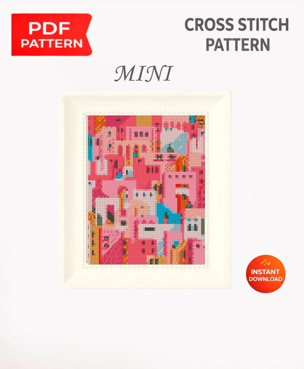 Mini Colorful City Cross Stitch Pattern PDF, Cute Pink Houses Town Embroidery Design, Small City Landscape Cross Stitch Digital Download - NuttyHappyHobby