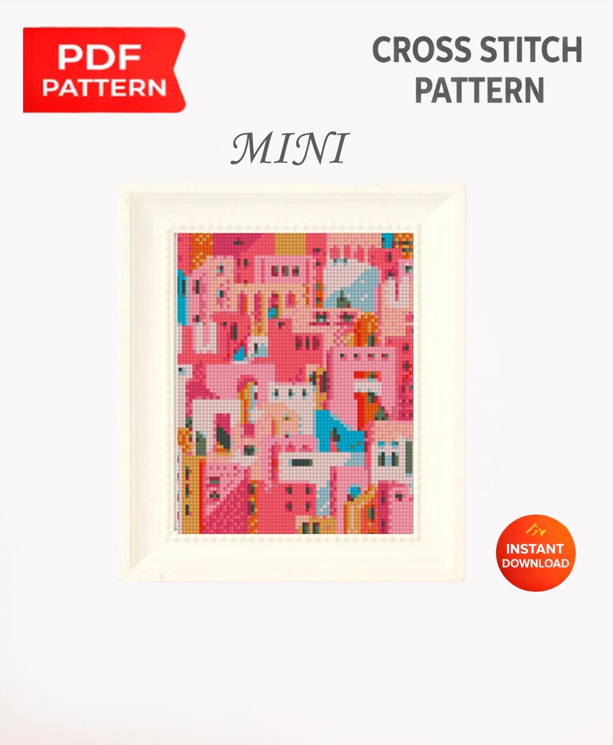 Mini Colorful City Cross Stitch Pattern PDF, Cute Pink Houses Town Embroidery Design, Small City Landscape Cross Stitch Digital Download - NuttyHappyHobby