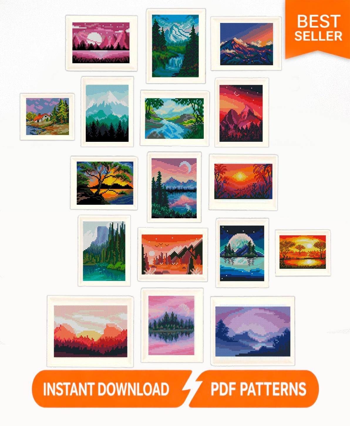 Mini Cross Stitch Patterns Bundle PDF, Landscape Cross Stitch Set, Nature Mountain Forest Sunset Mini Embroidery Designs Digital Download - NuttyHappyHobby