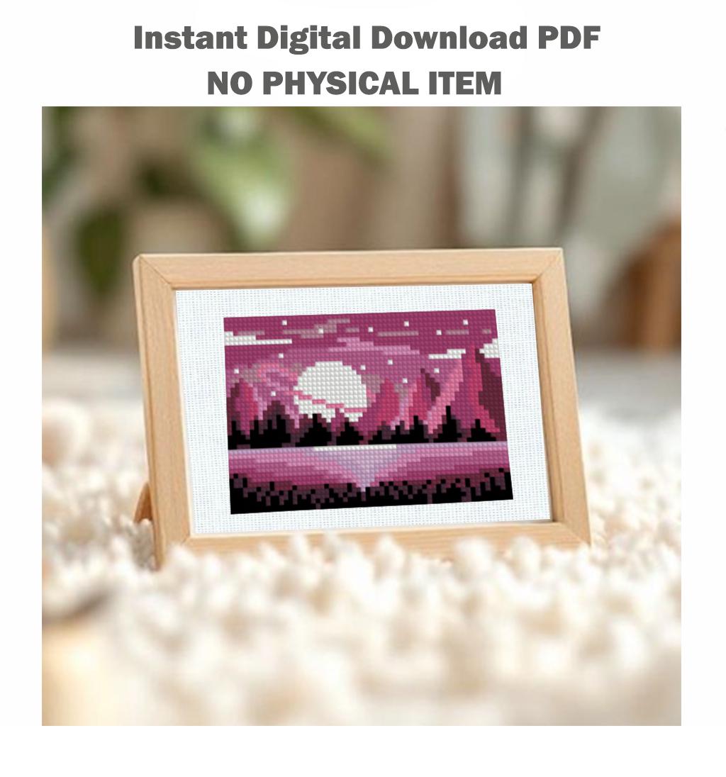 Mini Moon Landscape Cross Stitch Pattern PDF, Night Forest Lake Embroidery Design, Modern Mini Cross Stitch Digital Download pdf - NuttyHappyHobby
