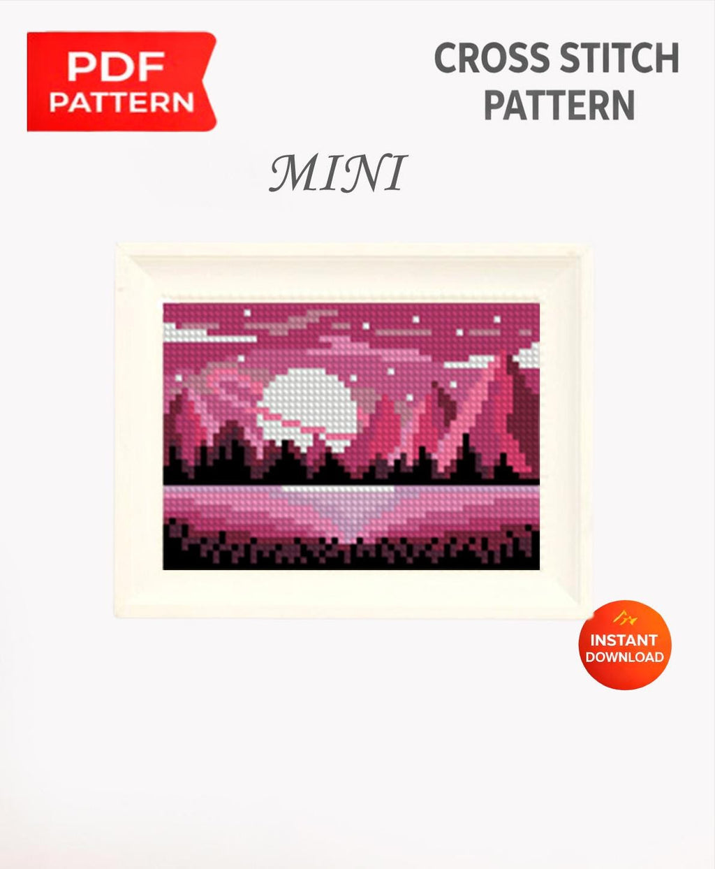 Mini Moon Landscape Cross Stitch Pattern PDF, Night Forest Lake Embroidery Design, Modern Mini Cross Stitch Digital Download pdf - NuttyHappyHobby