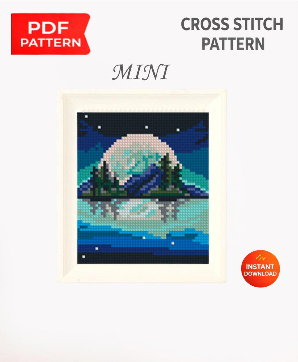 Mini Night Landscape Cross Stitch Pattern PDF, Moon Mountain Lake Embroidery Design, Small Nature Cross Stitch Digital Download pdf - NuttyHappyHobby