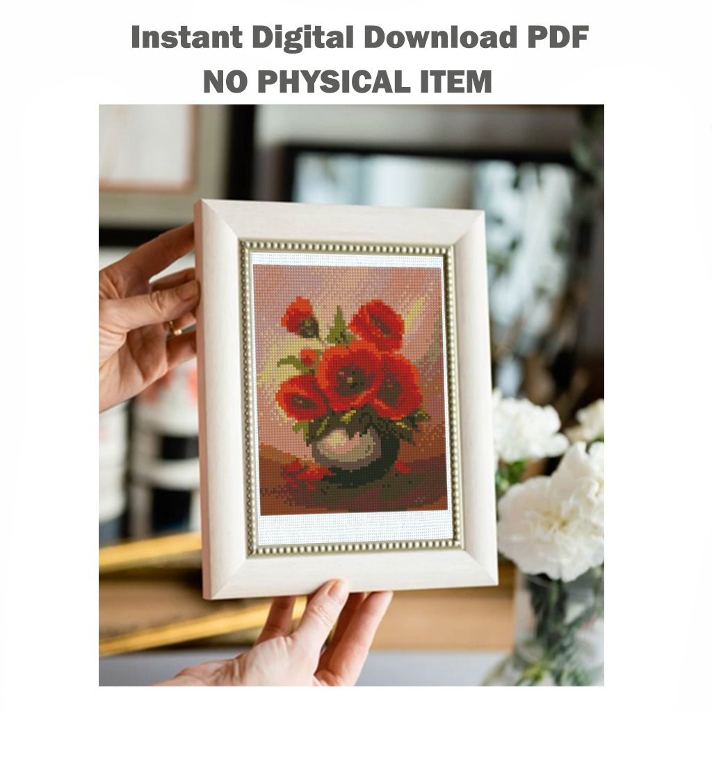 Mini Red Poppy Cross Stitch Pattern PDF, Poppy Flower Embroidery Design, Small Floral Cross Stitch Chart, Modern Botanical Needlepoint, Instant Download - NuttyHappyHobby
