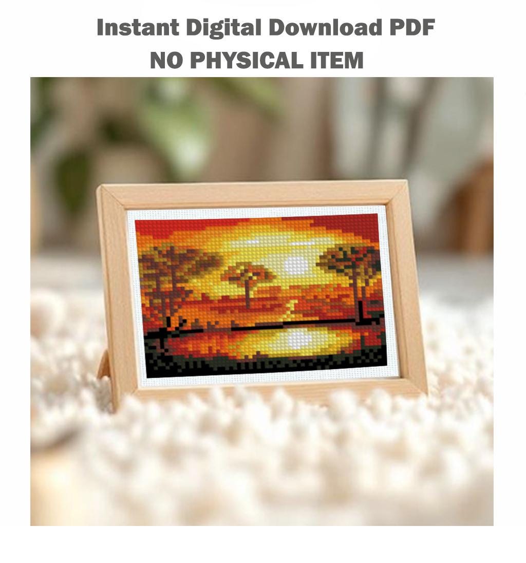 Mini Sunset tree Cross Stitch Pattern PDF, Tree Silhouette Landscape Embroidery Design, Small Nature Cross Stitch Digital Download pdf - NuttyHappyHobby
