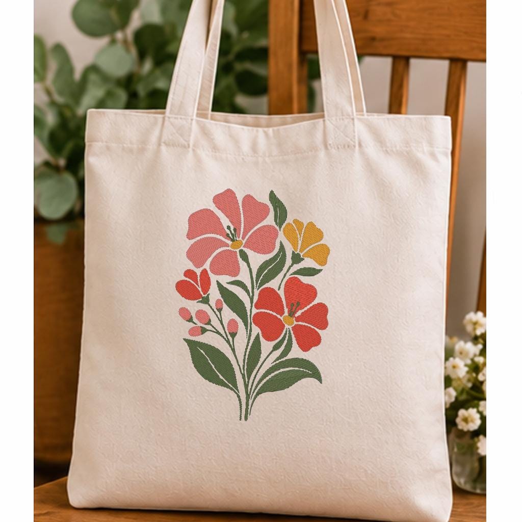 Minimalist Floral Machine Embroidery Design, Pink Red Yellow Wildflower Bouquet, Botanical Flowers PES DST JEF, Instant Download - NuttyHappyHobby