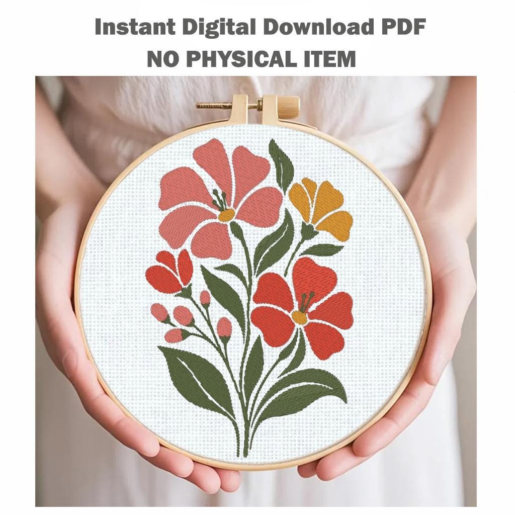 Minimalist Floral Machine Embroidery Design, Pink Red Yellow Wildflower Bouquet, Botanical Flowers PES DST JEF, Instant Download - NuttyHappyHobby