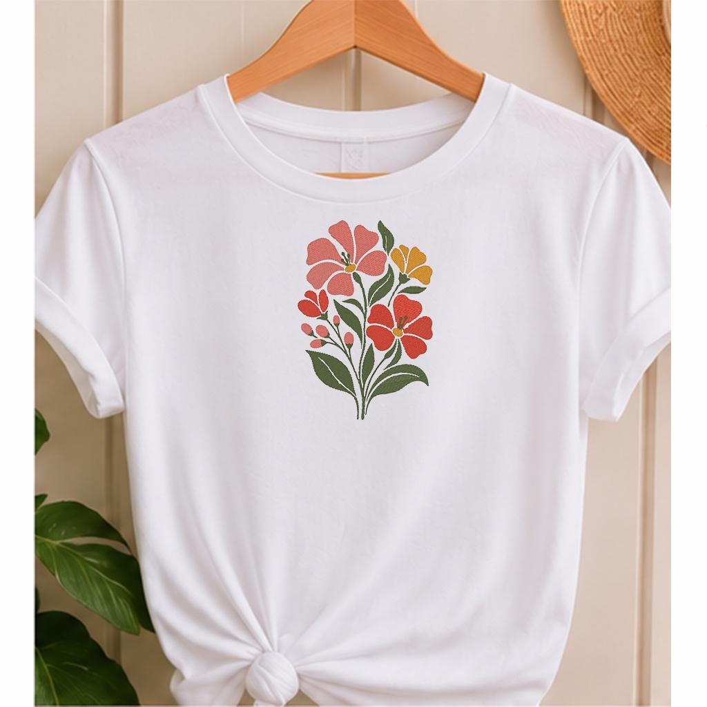 Minimalist Floral Machine Embroidery Design, Pink Red Yellow Wildflower Bouquet, Botanical Flowers PES DST JEF, Instant Download - NuttyHappyHobby
