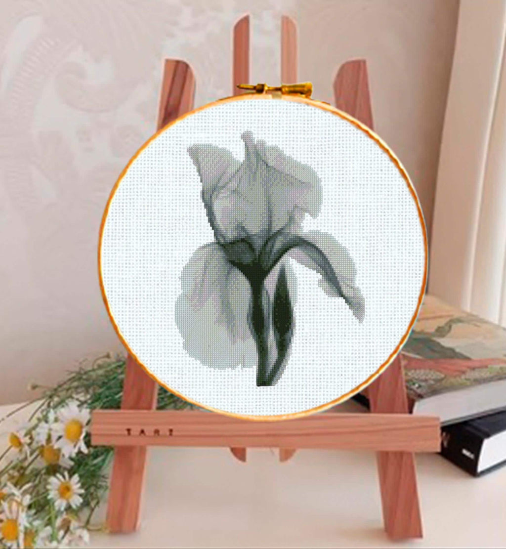 Minimalist Iris Cross Stitch Pattern PDF, Black & White Floral Embroidery Chart, Modern Botanical Hoop Decor, Instant Download pdf - NuttyHappyHobby