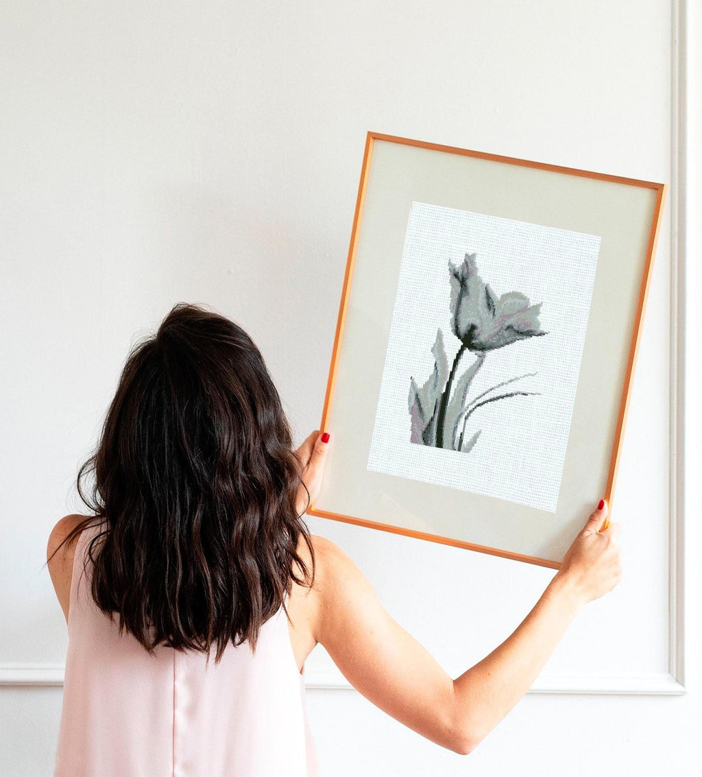Minimalist Tulip Cross Stitch Pattern PDF, Monochrome Floral Embroidery Chart, Modern Botanical Hoop Decor, Scandinavian Neutral Wall Art - NuttyHappyHobby