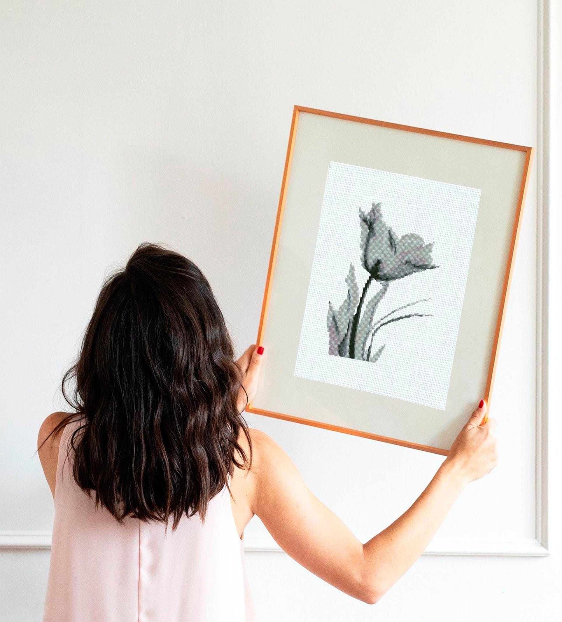 Minimalist Tulip Cross Stitch Pattern PDF, Monochrome Floral Embroidery Chart, Modern Botanical Hoop Decor, Scandinavian Neutral Wall Art - NuttyHappyHobby