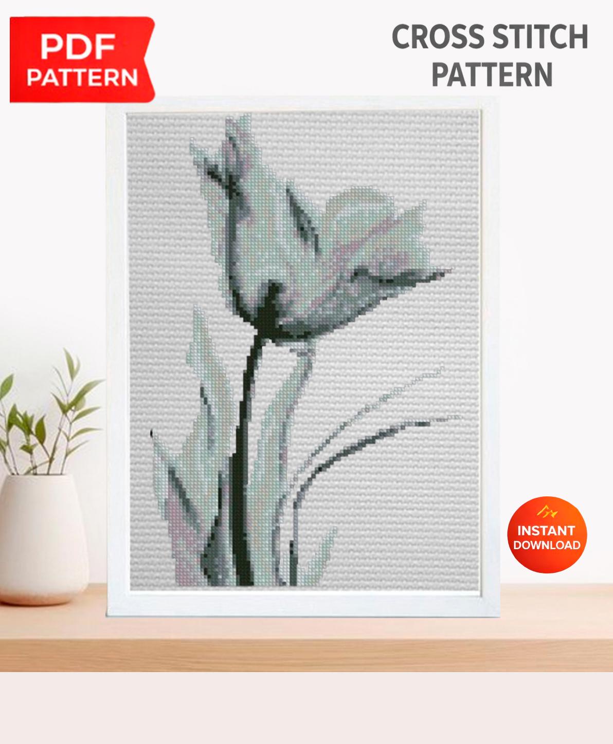 Minimalist Tulip Cross Stitch Pattern PDF, Monochrome Floral Embroidery Chart, Modern Botanical Hoop Decor, Scandinavian Neutral Wall Art - NuttyHappyHobby