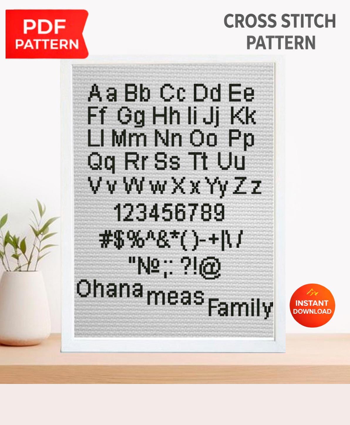Modern ABC Alphabet Cross Stitch Pattern PDF, Clean Uppercase and Lowercase Font with Numbers and Symbols, Custom Name Embroidery Chart - NuttyHappyHobby