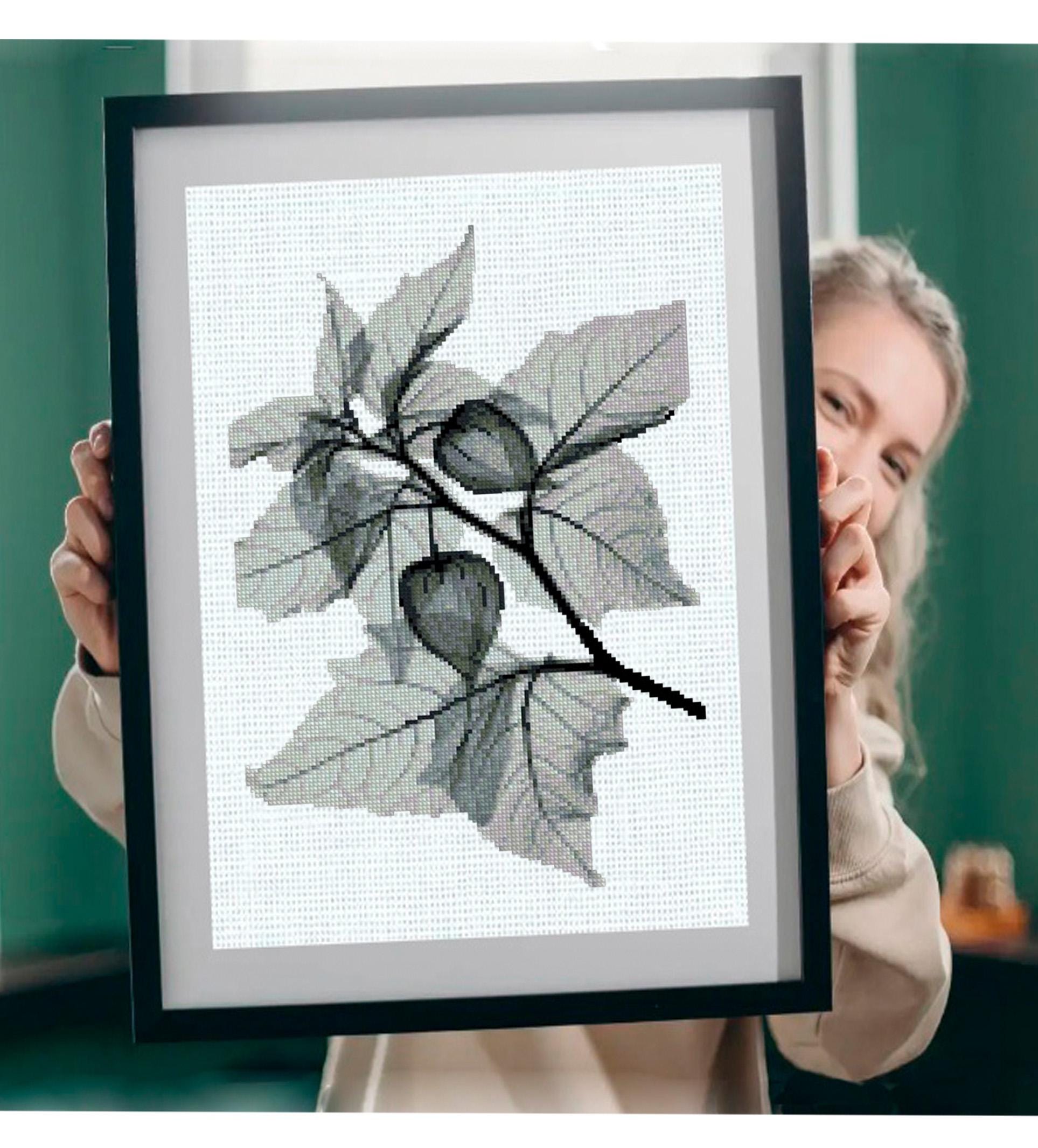 Modern Botanical Cross Stitch Pattern Set PDF, 5 Minimal Floral & Leaf Designs, Blackwork Style, Instant Download, Hoop Wall Art pattern pdf - NuttyHappyHobby