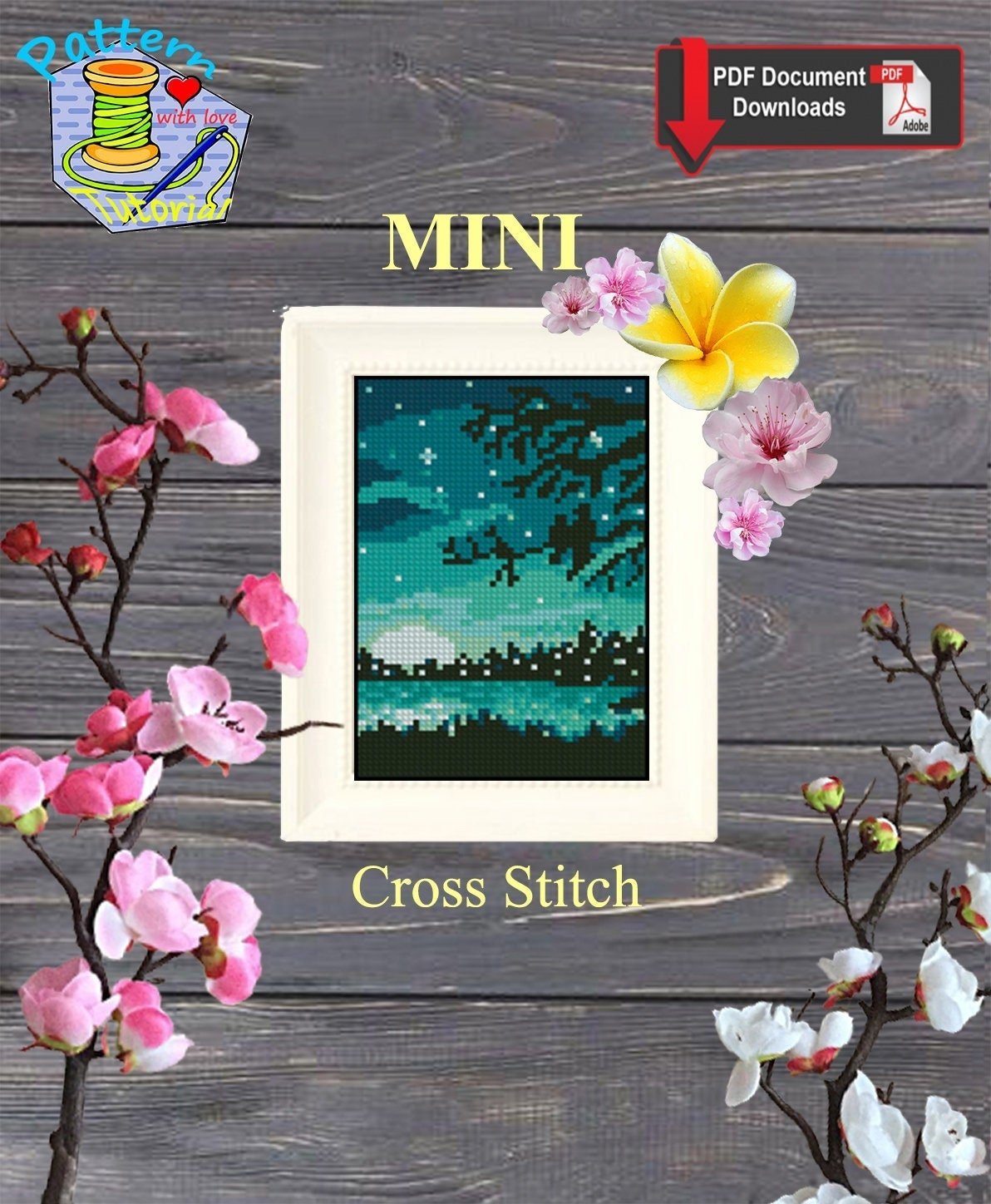 Moon Lake Cross Stitch Pattern PDF, Night Forest Landscape Embroidery Design, Starry Sky Mini Cross Stitch Digital Download pdf - NuttyHappyHobby