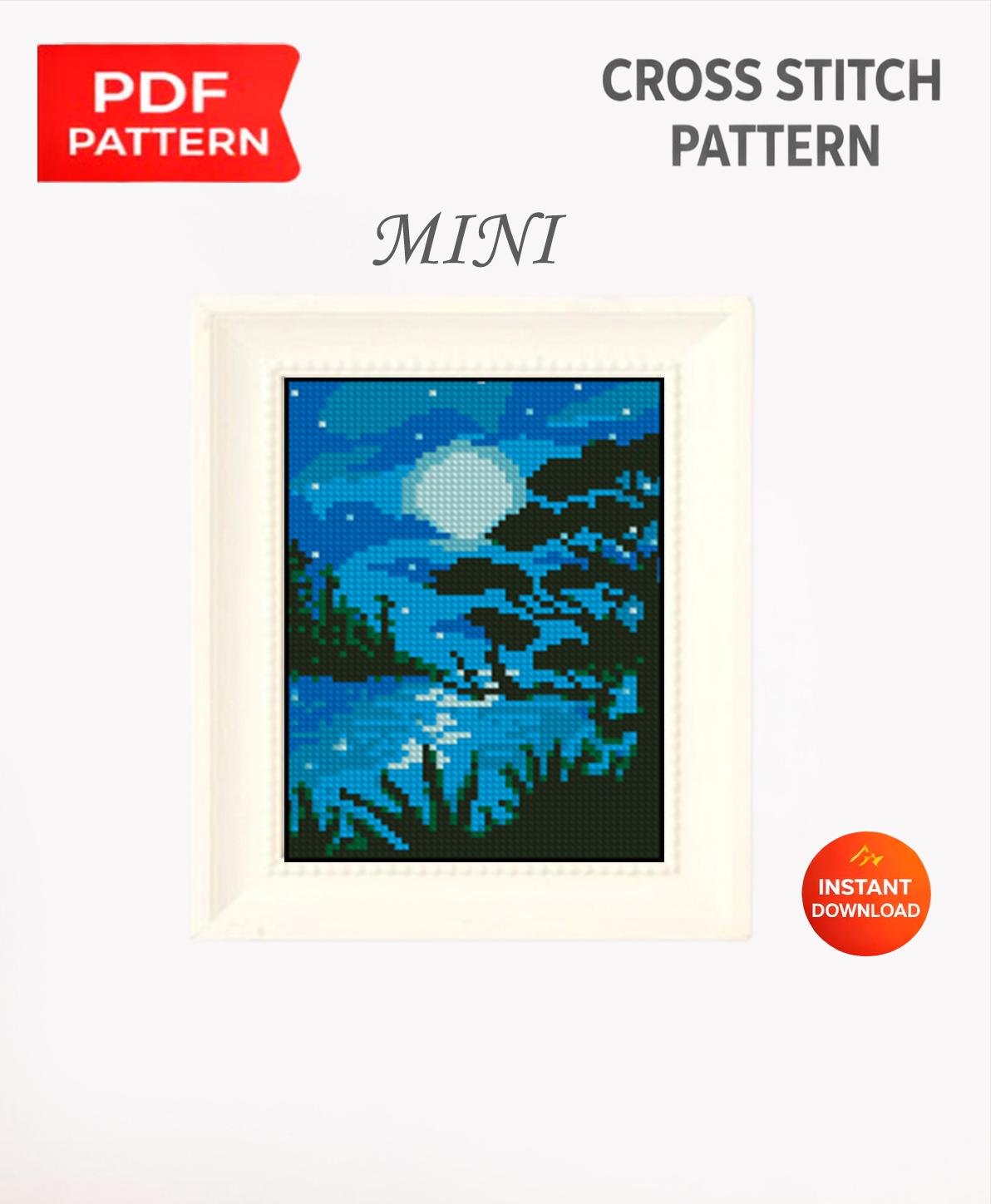 Moon Lake Cross Stitch Pattern PDF, Night Landscape Embroidery Design, Forest River Moonlight Modern Cross Stitch Digital Download pdf - NuttyHappyHobby