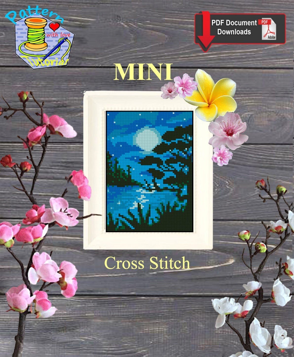 Moon Lake Cross Stitch Pattern PDF, Night Landscape Embroidery Design, Forest River Moonlight Modern Cross Stitch Digital Download pdf - NuttyHappyHobby