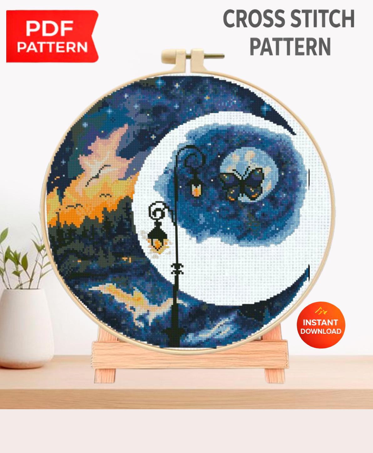 Moon Landscape Cross Stitch Pattern PDF, Day and Night Forest Embroidery Design, Celestial Sky Modern Cross Stitch Digital Download PDF - NuttyHappyHobby