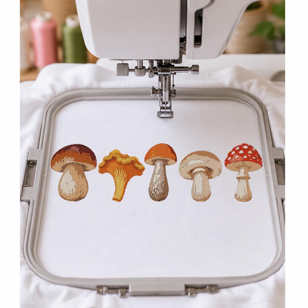Mushroom Border Machine Embroidery Design, 5 Woodland Mushrooms Row, Fall Chanterelle Porcini Toadstool, PES DST JEF Instant Download - NuttyHappyHobby