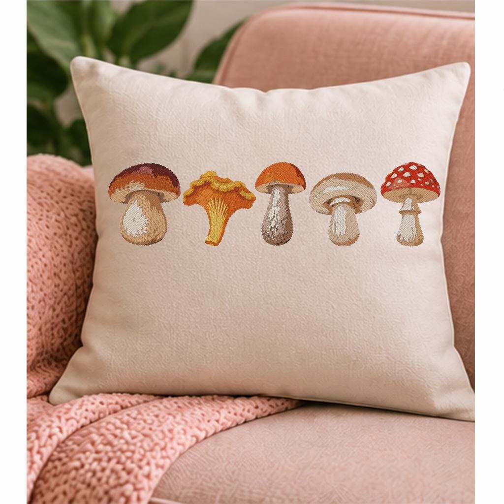 Mushroom Border Machine Embroidery Design, 5 Woodland Mushrooms Row, Fall Chanterelle Porcini Toadstool, PES DST JEF Instant Download - NuttyHappyHobby