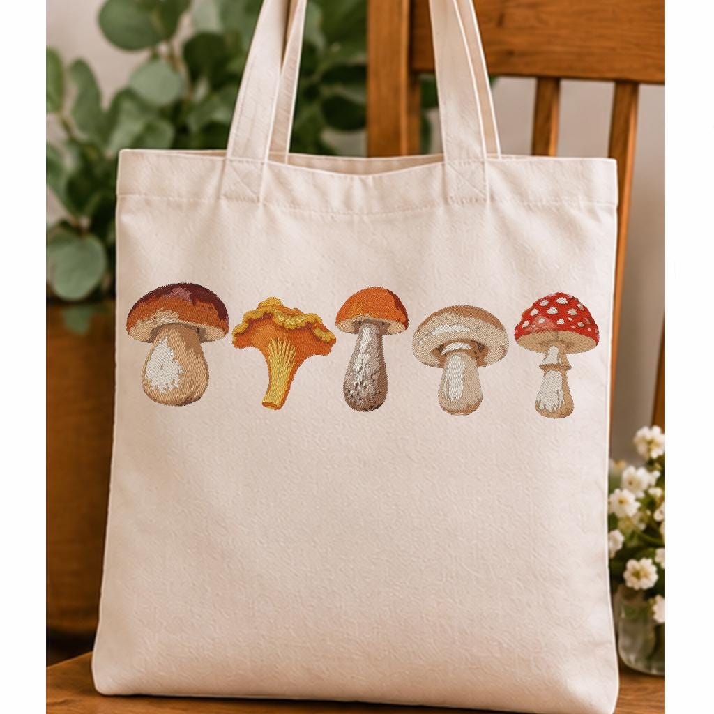 Mushroom Border Machine Embroidery Design, 5 Woodland Mushrooms Row, Fall Chanterelle Porcini Toadstool, PES DST JEF Instant Download - NuttyHappyHobby