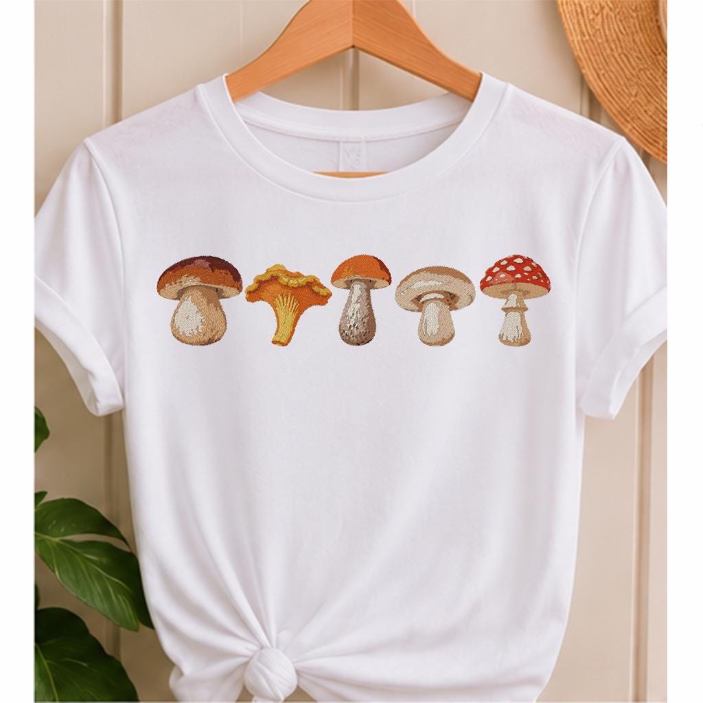 Mushroom Border Machine Embroidery Design, 5 Woodland Mushrooms Row, Fall Chanterelle Porcini Toadstool, PES DST JEF Instant Download - NuttyHappyHobby
